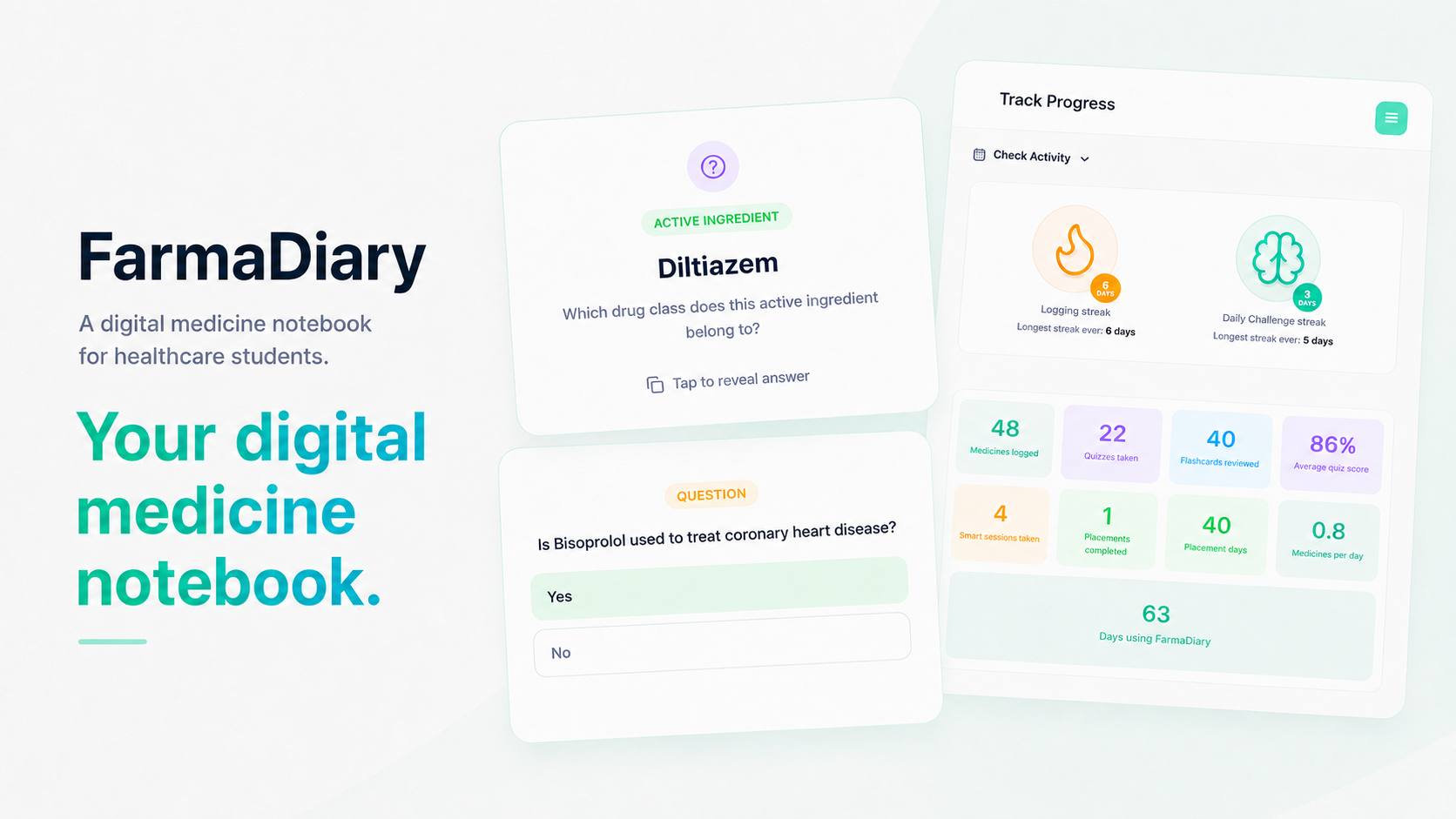 FarmaDiary promo illustration: digital medicine notebook with quiz cards and progress dashboard