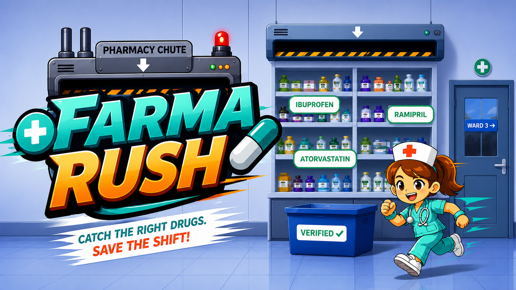 FarmaRush promo illustration: pharmacy chute, medicine shelves, and a nurse on shift