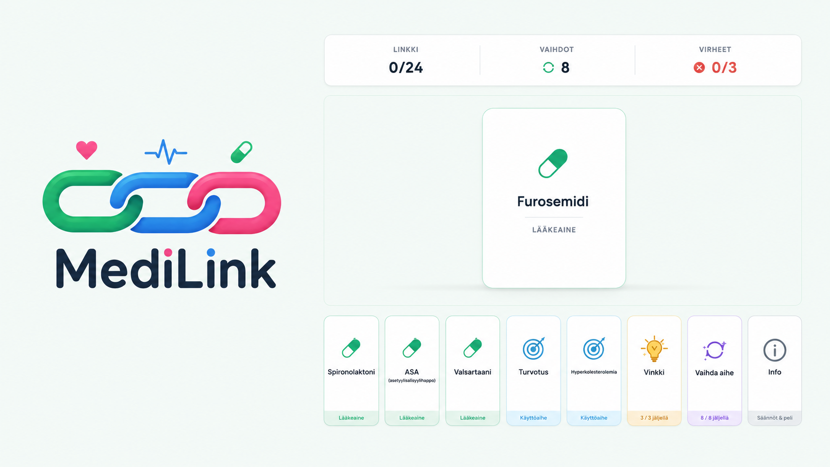 MediLink illustration: chain-link logo and card-matching gameplay