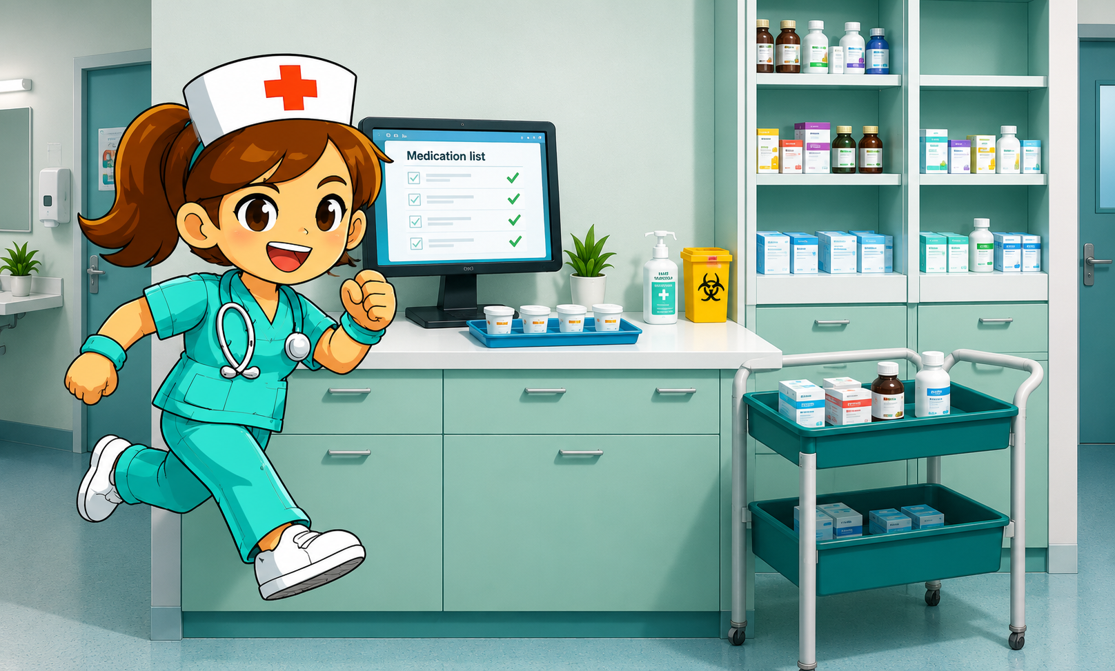 MyDay nurse illustration with a medication checklist and ward supply cart